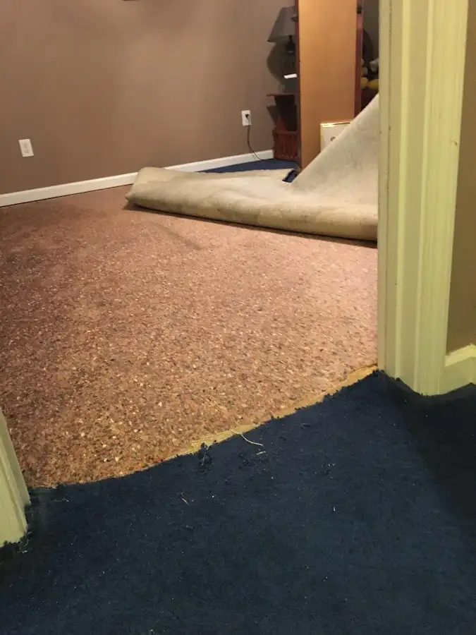 Carpet pad removal revealing water damage during Water Mitigation Services in La Crosse